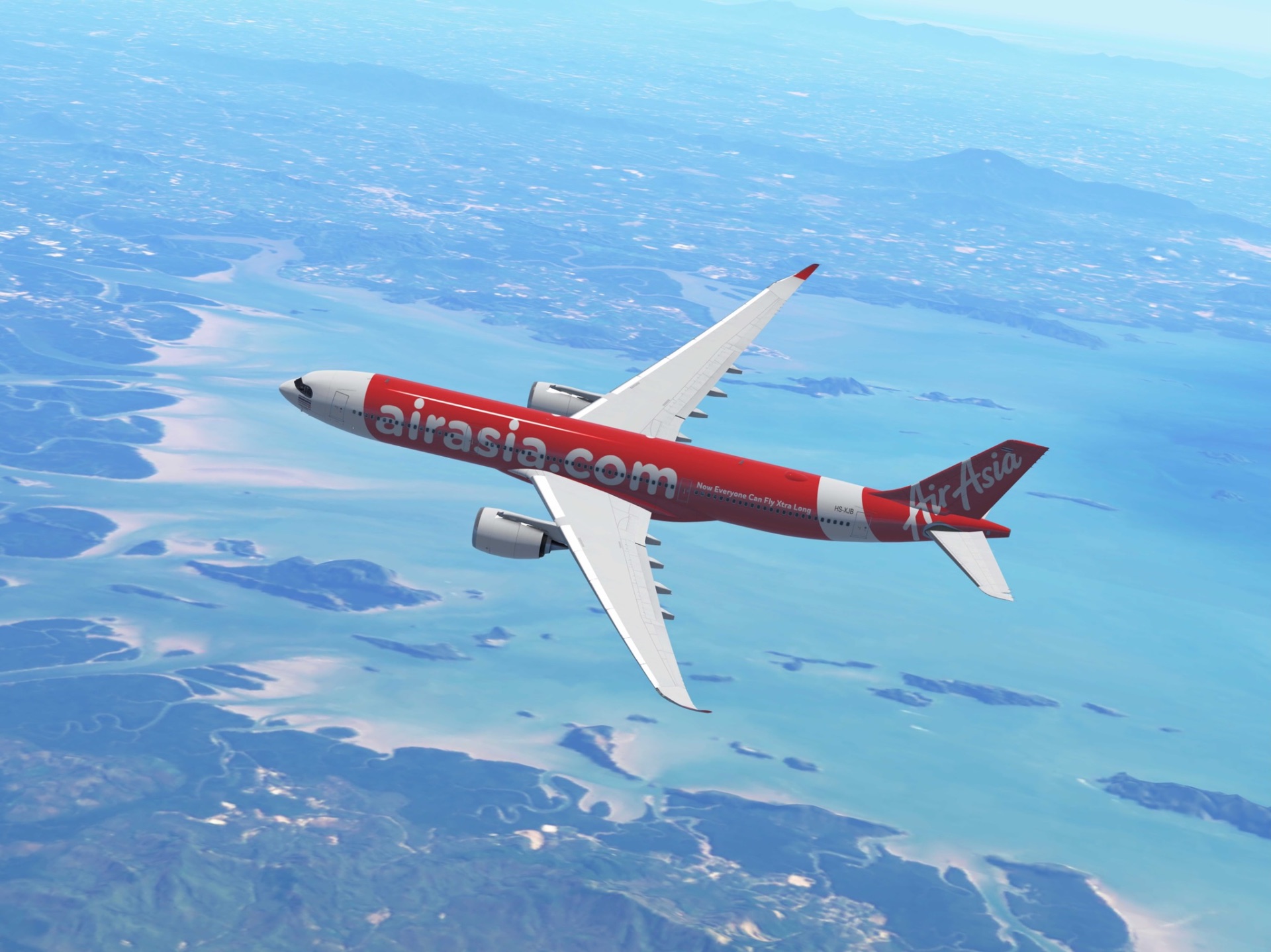 AirAsia A330-900neo in flight over the Malaysian coastline